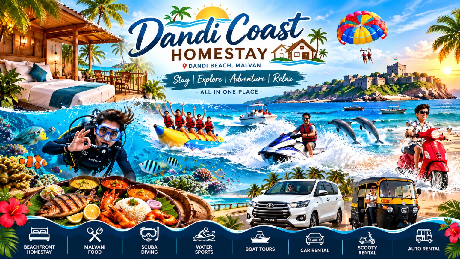 Dandi Coast Homestay, Dandi Beach Malvan — stay, Malvani food, scuba diving, water sports, boat tours and vehicle rentals